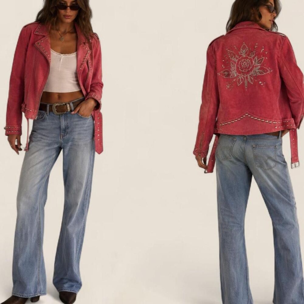 Understated x Free People Pink Suede Leather Moto Jacket Embroidered Studded M
